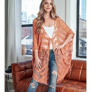 Embroidered Chic Orange Laced Kimono